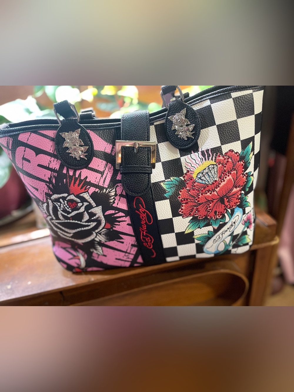 Ed Hardy Black, Pink & White Checkered Floral Tote with Graphic Accents